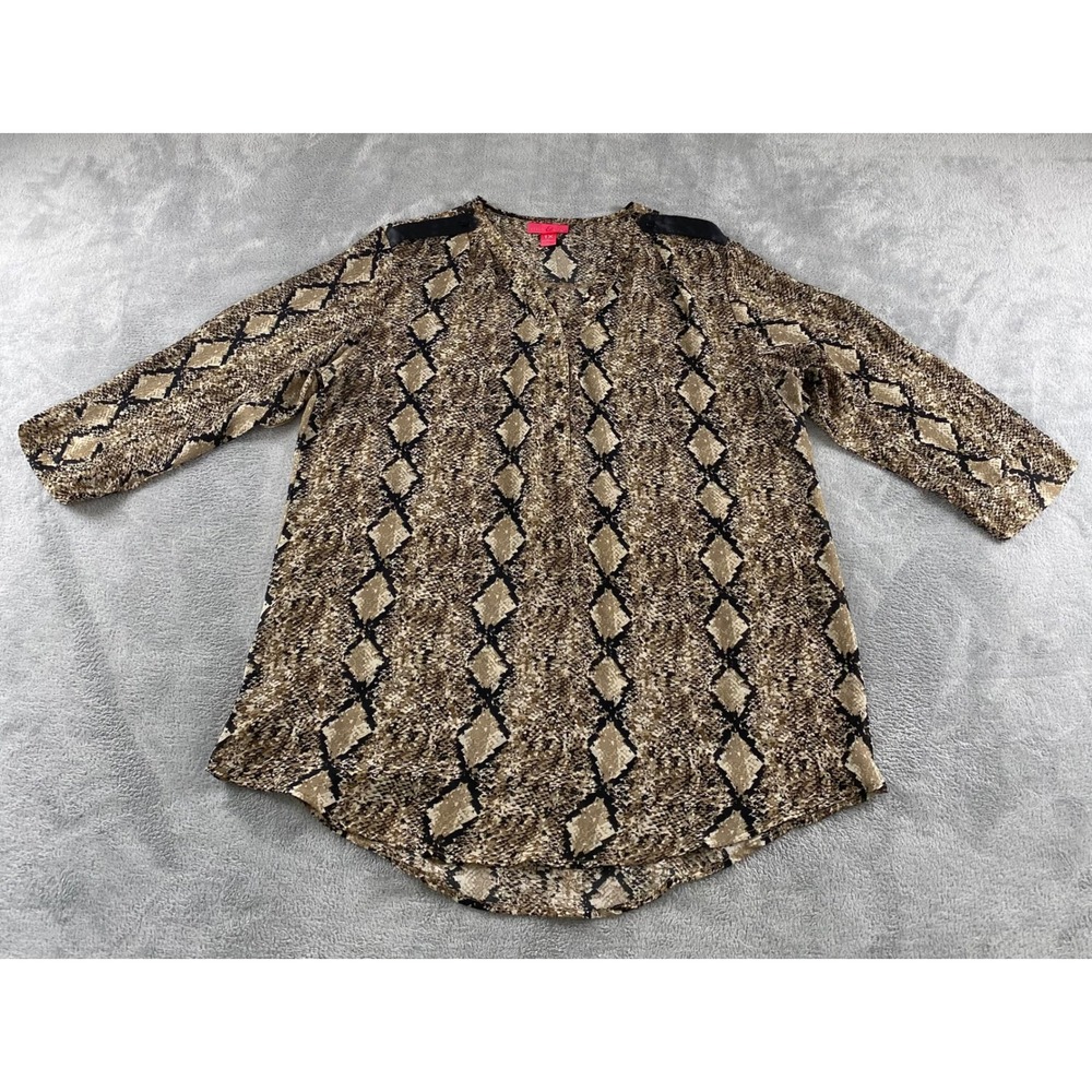 Max & Co Womens 1X Snakeskin Print Blouse Brown Faux Leather Epaulets 3/4 Slv